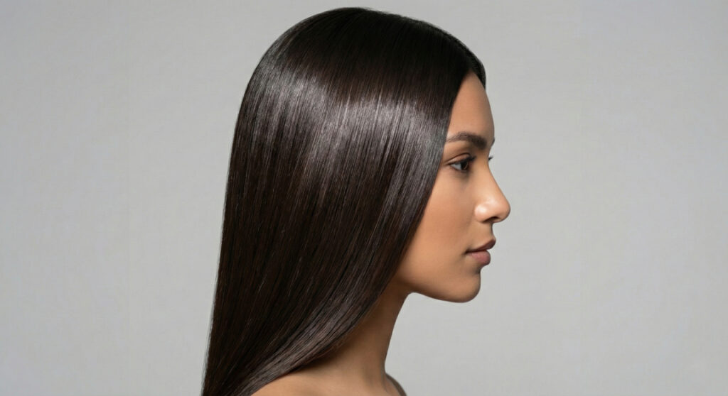 Liquid Brunette: How to Get the Glossiest Hair of Your Life in Vancouver 1 A side profile shot emphasizing the hairs extreme light reflection and smooth alignment